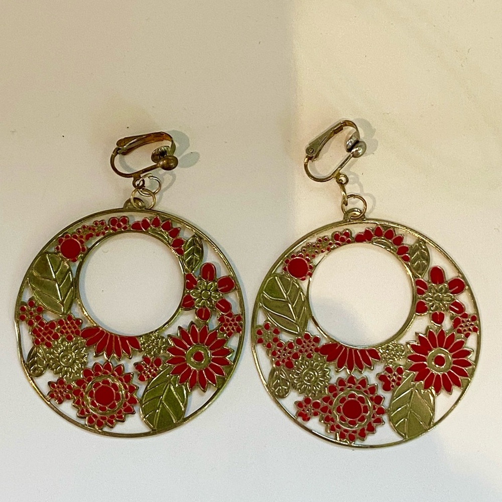 Floral Red and Gold Clip-On Earrings